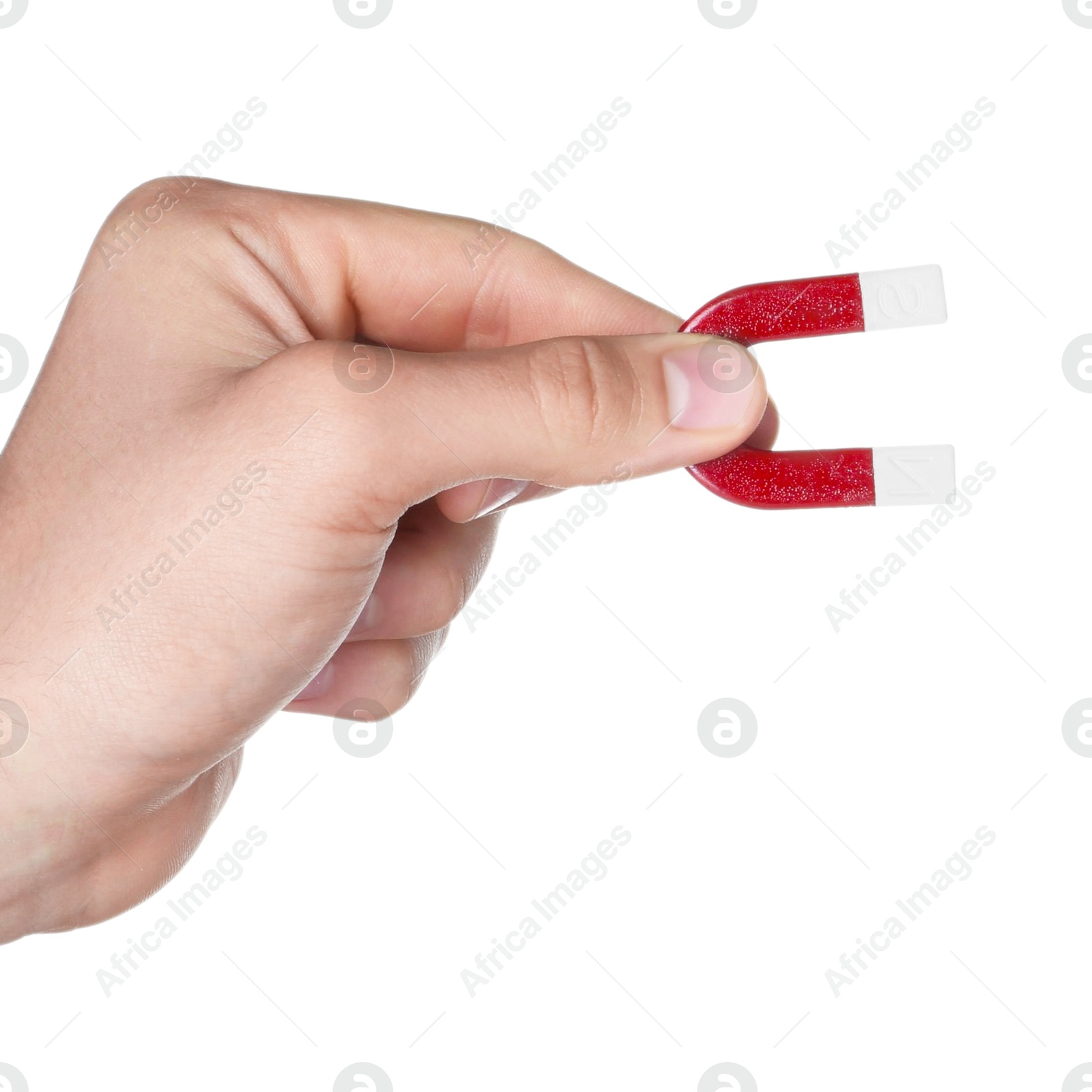 Photo of Man with horseshoe magnet on white background, closeup