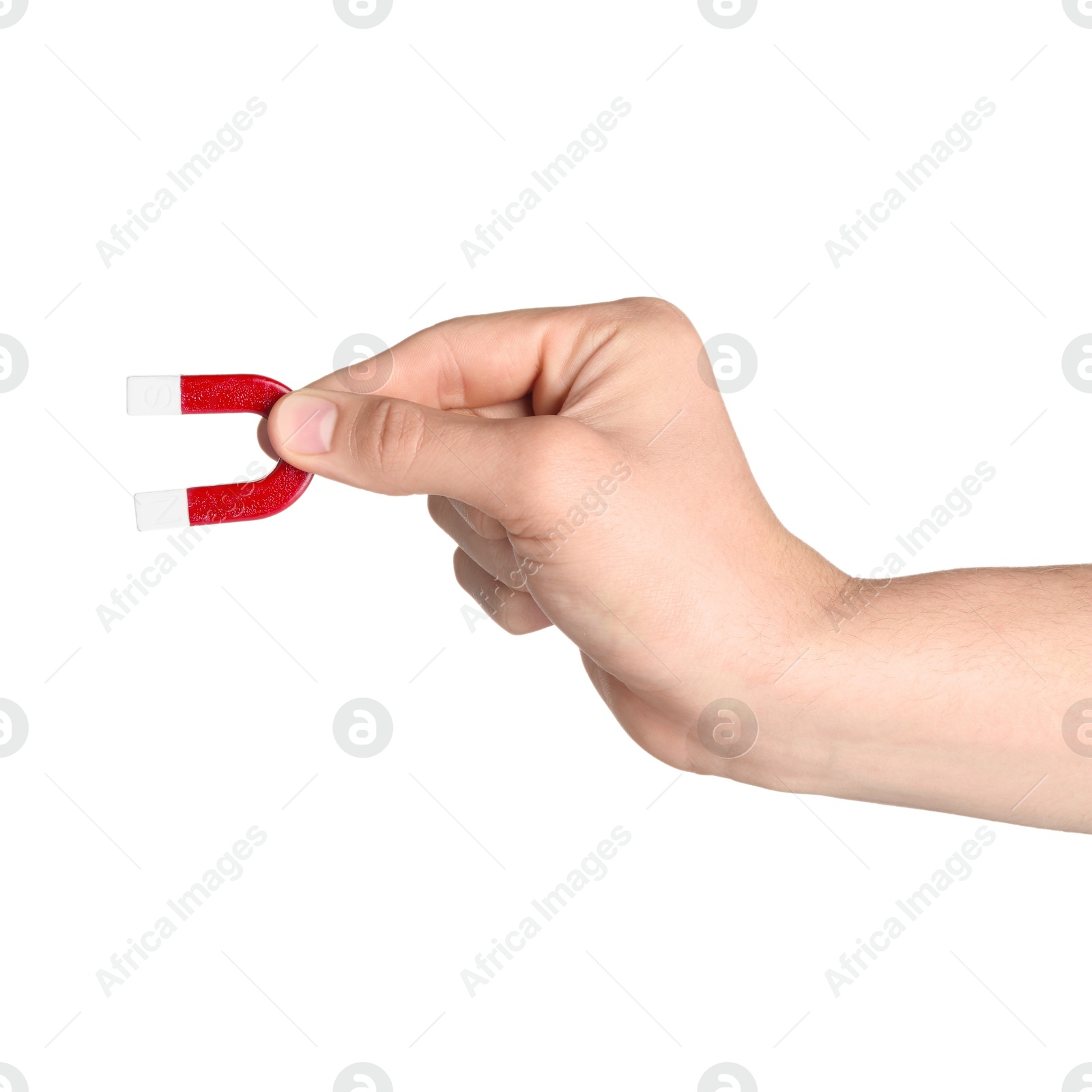 Photo of Man with horseshoe magnet on white background, closeup