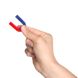 Photo of Man with horseshoe magnet on white background, closeup