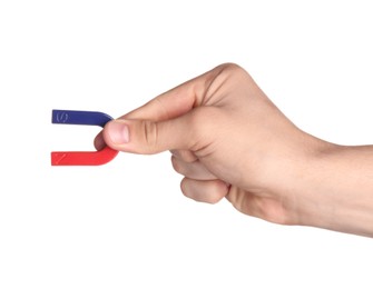 Photo of Man with horseshoe magnet on white background, closeup