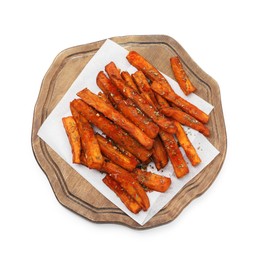 Photo of Delicious sweet potato fries with spices isolated on white, top view