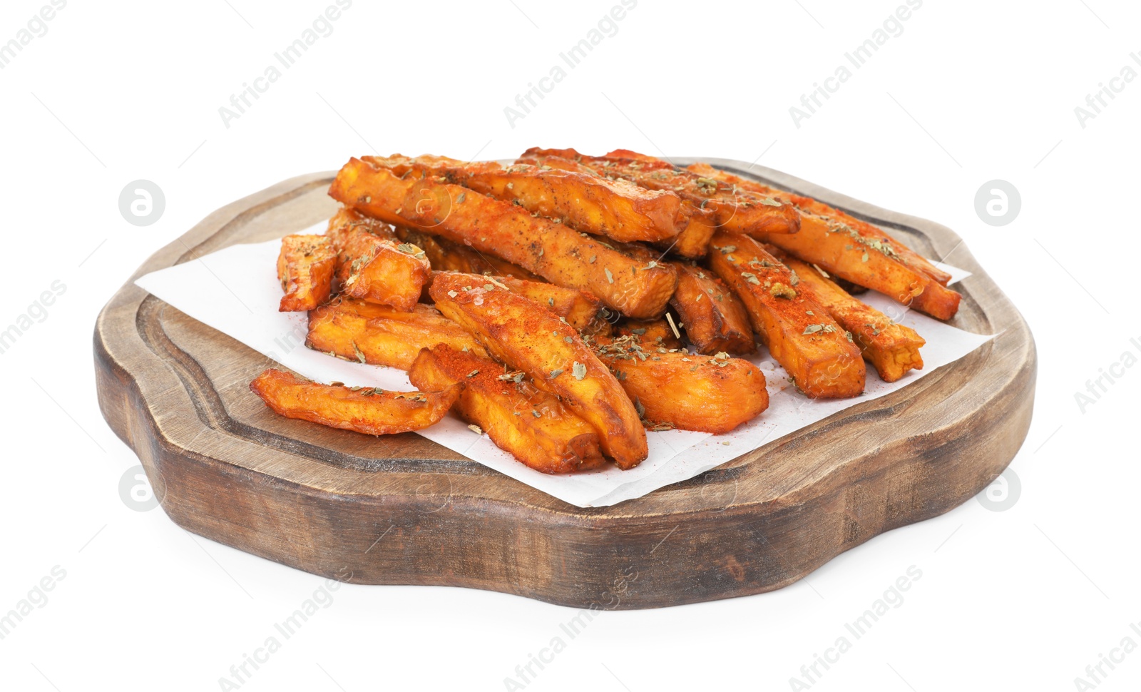 Photo of Delicious sweet potato fries with spices isolated on white