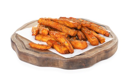 Photo of Delicious sweet potato fries with spices isolated on white