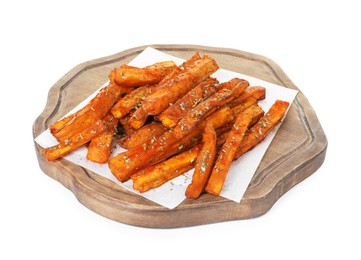 Photo of Delicious sweet potato fries with spices isolated on white