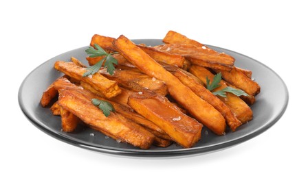 Photo of Delicious sweet potato fries with spices isolated on white