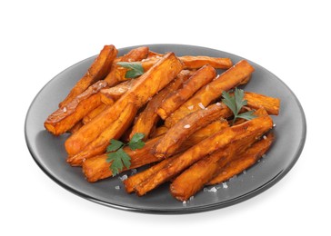 Photo of Delicious sweet potato fries with spices isolated on white