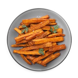 Photo of Delicious sweet potato fries with spices isolated on white