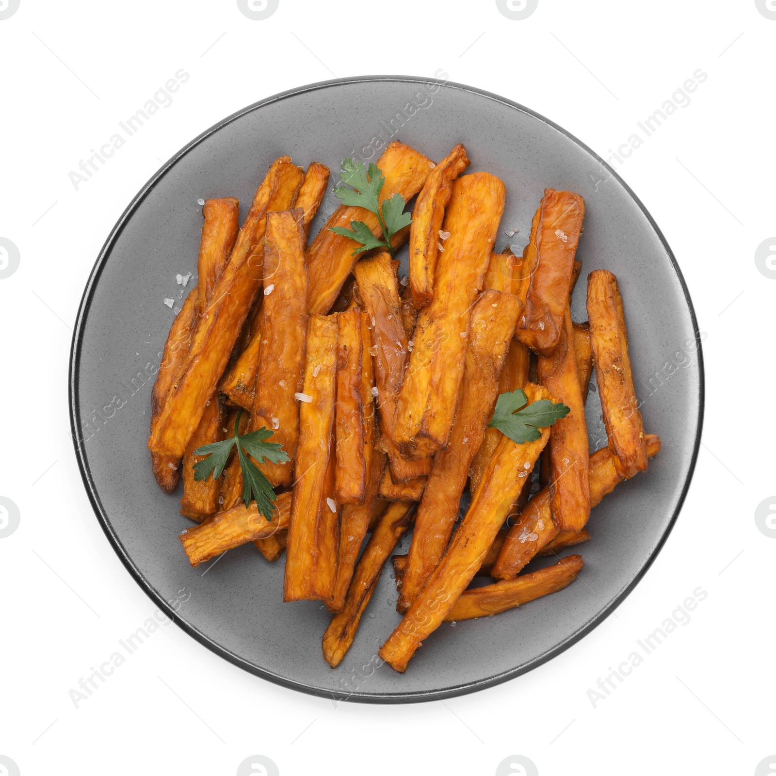 Photo of Delicious sweet potato fries with spices isolated on white