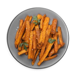 Photo of Delicious sweet potato fries with spices isolated on white