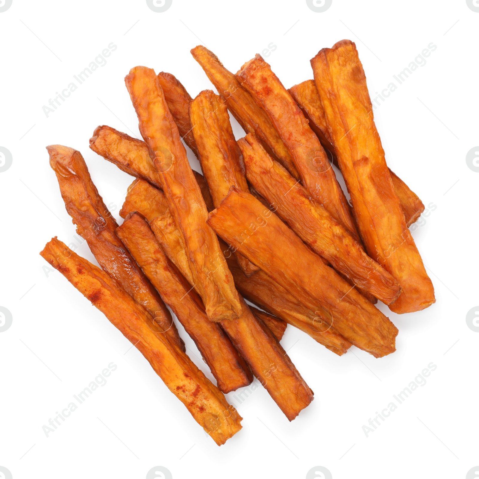 Photo of Delicious sweet potato fries isolated on white, top view