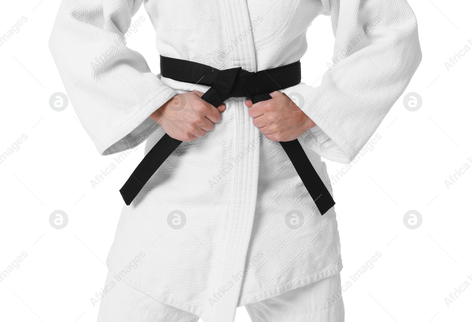 Photo of Karate fighter in kimono isolated on white, closeup