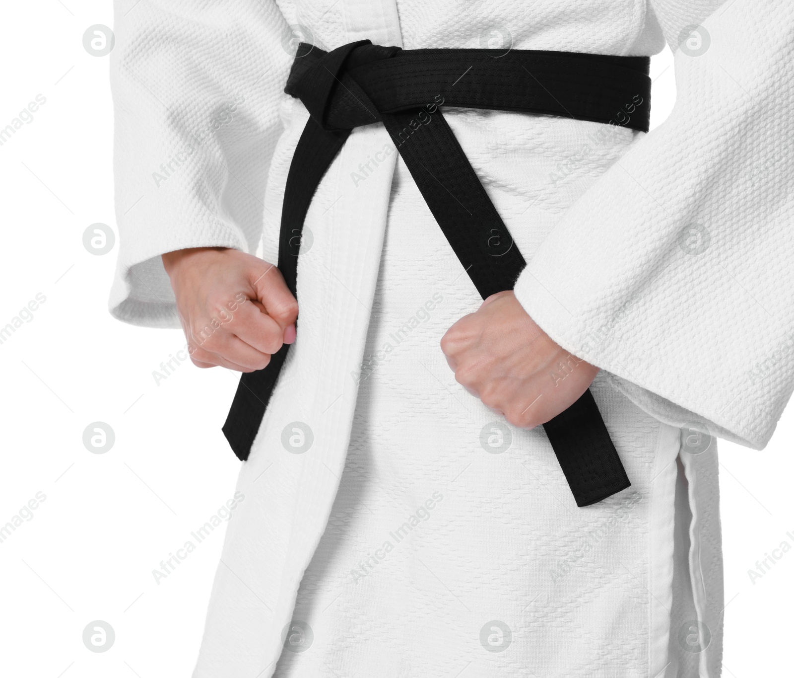 Photo of Karate fighter in kimono isolated on white, closeup