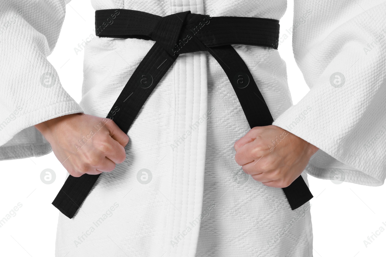 Photo of Karate fighter in kimono isolated on white, closeup