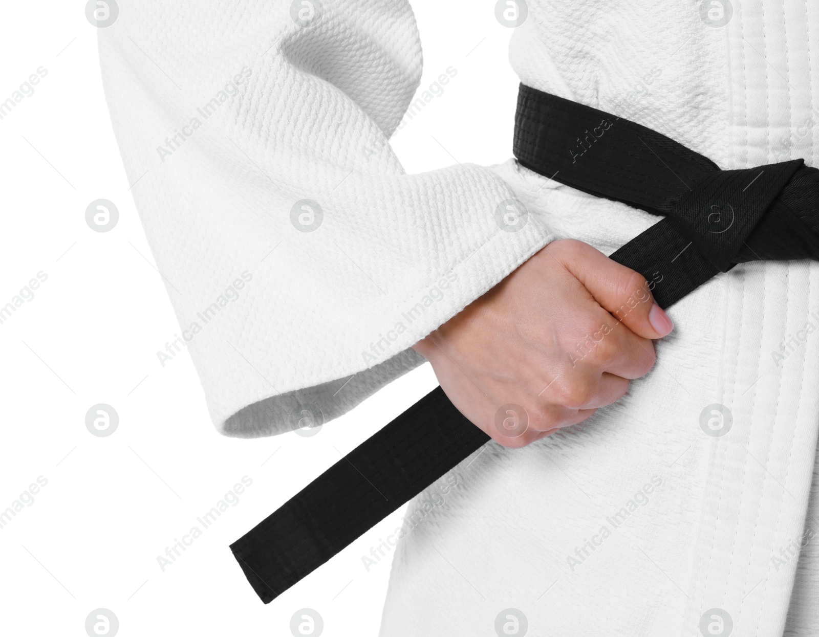 Photo of Karate fighter in kimono isolated on white, closeup