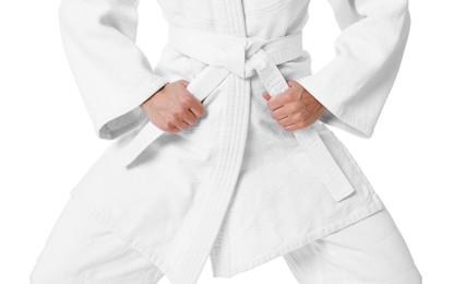 Photo of Karate fighter in kimono isolated on white, closeup