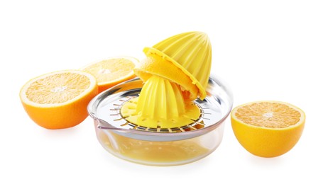 Photo of Juicer and oranges isolated on white. Kitchen tool