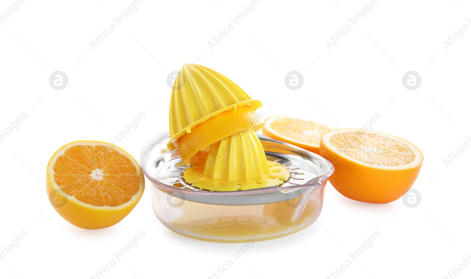 Photo of Juicer and oranges isolated on white. Kitchen tool