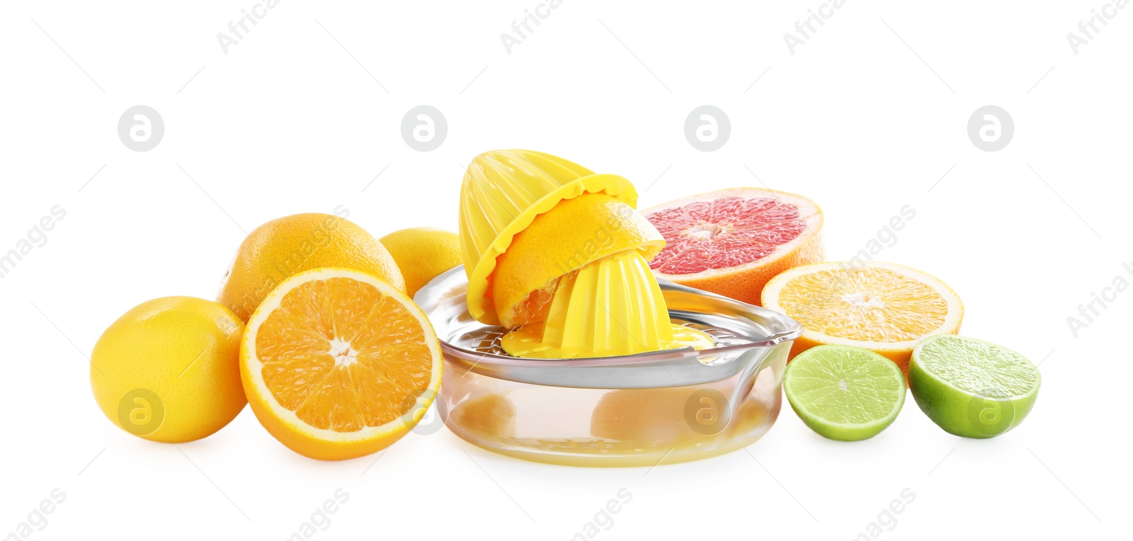 Photo of Metal juicer and different citrus fruits isolated on white