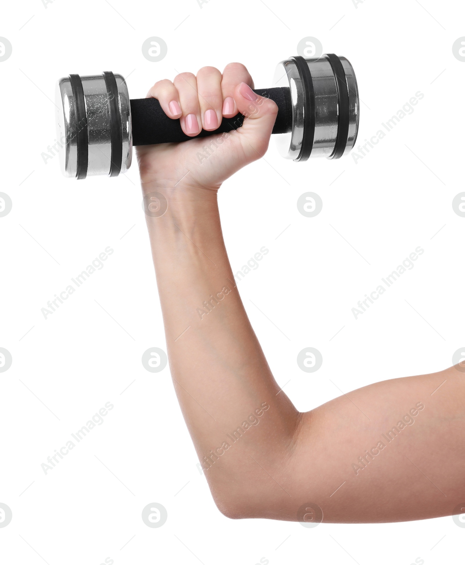 Photo of Woman exercising with dumbbell on white background, closeup