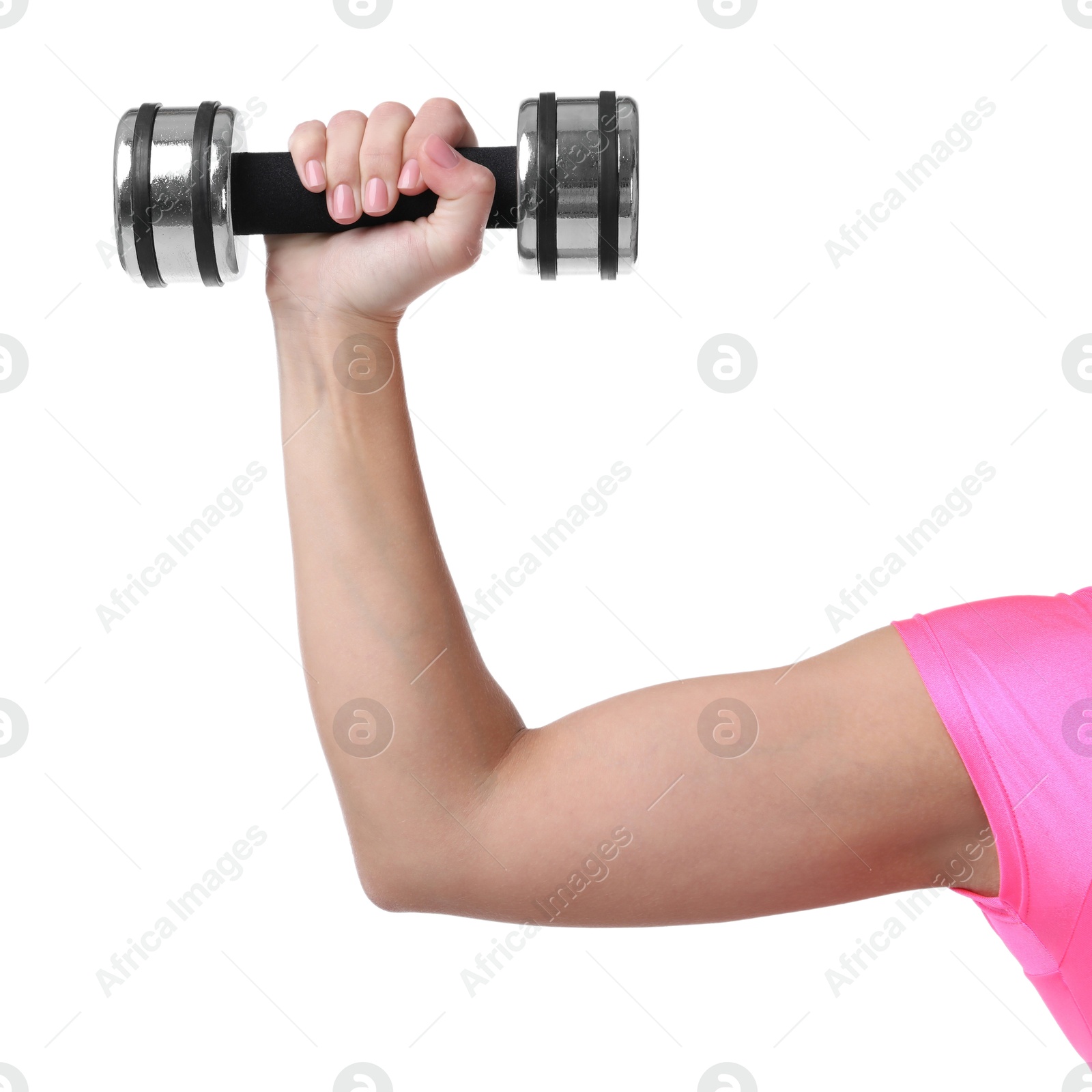 Photo of Woman exercising with dumbbell on white background, closeup