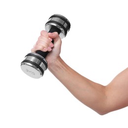 Photo of Woman exercising with dumbbell on white background, closeup