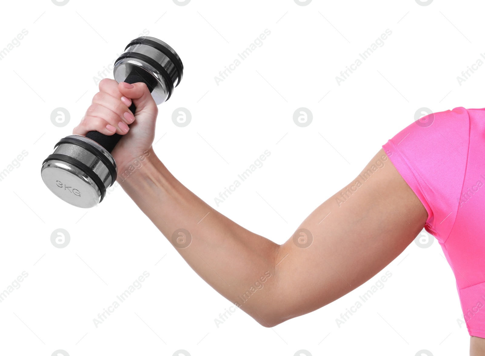 Photo of Woman exercising with dumbbell on white background, closeup