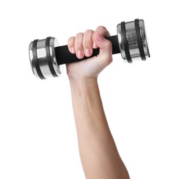 Photo of Woman exercising with dumbbell on white background, closeup