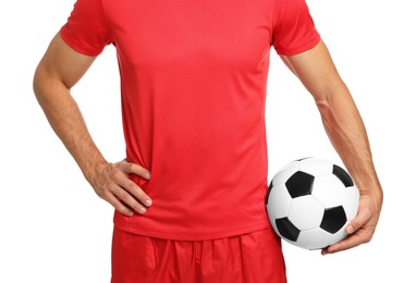 Photo of Football player with soccer ball on white background, closeup