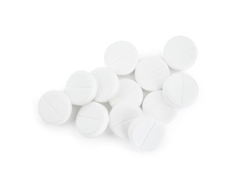 Photo of Antibiotic pills isolated on white, top view. Medicinal treatment