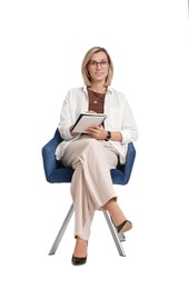 Photo of Professional psychologist with notebook sitting on chair against white background