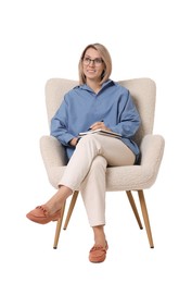 Photo of Professional psychologist with notebook sitting on chair against white background