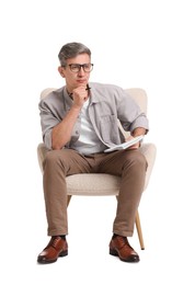 Photo of Professional psychologist with notebook sitting on chair against white background