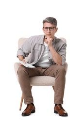 Photo of Professional psychologist with notebook sitting on chair against white background