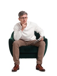 Photo of Professional psychologist with notebook sitting on chair against white background