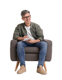 Photo of Professional psychologist with notebook sitting on chair against white background