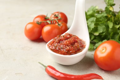 Photo of Delicious salsa sauce and products on light textured table, closeup