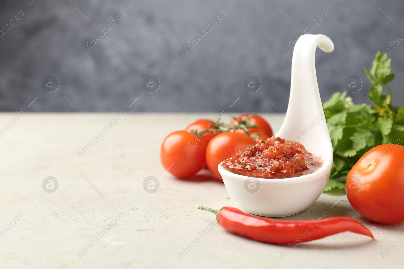 Photo of Delicious salsa sauce and ingredients on light textured table, closeup. Space for text