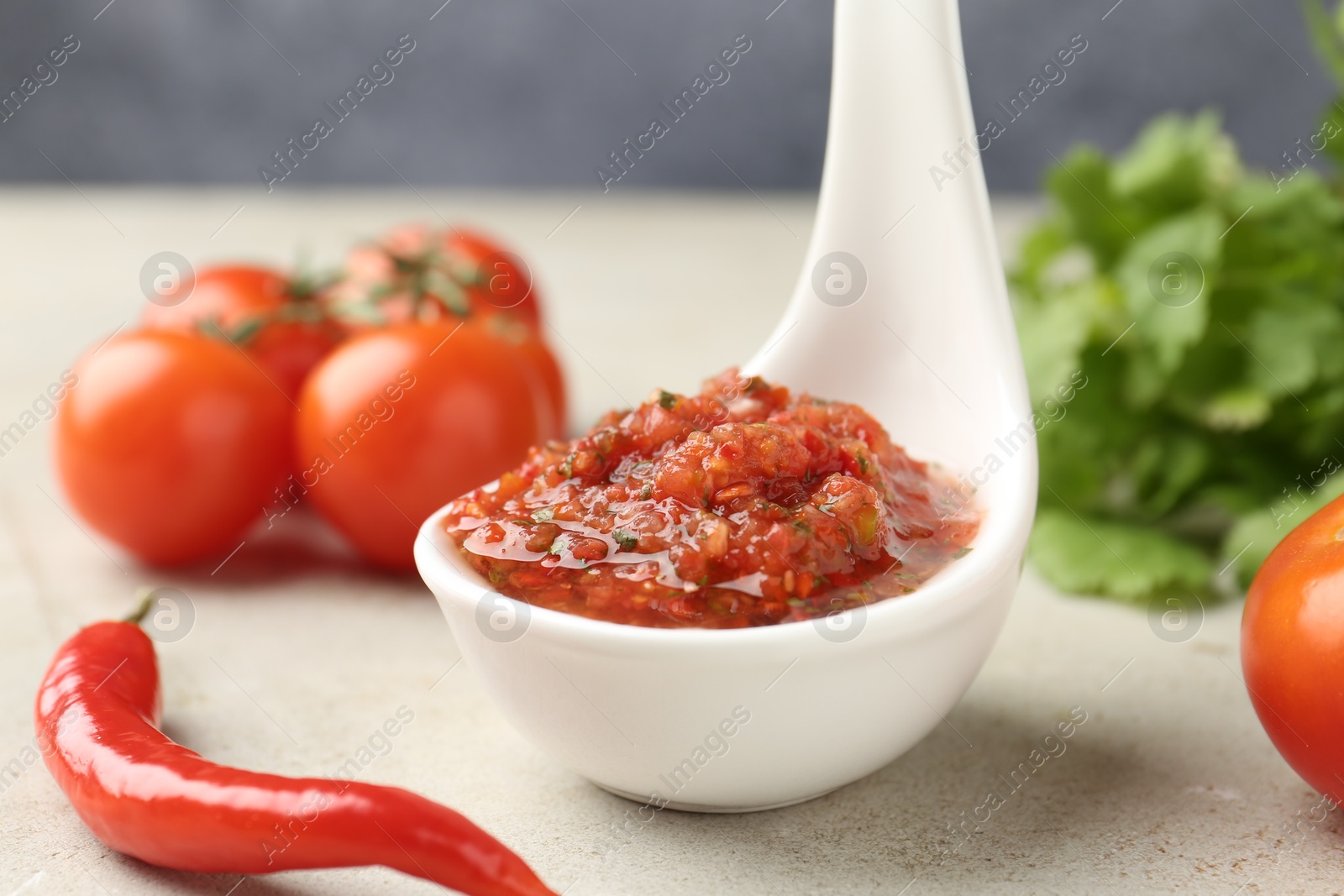 Photo of Delicious salsa sauce and ingredients on light textured table, closeup