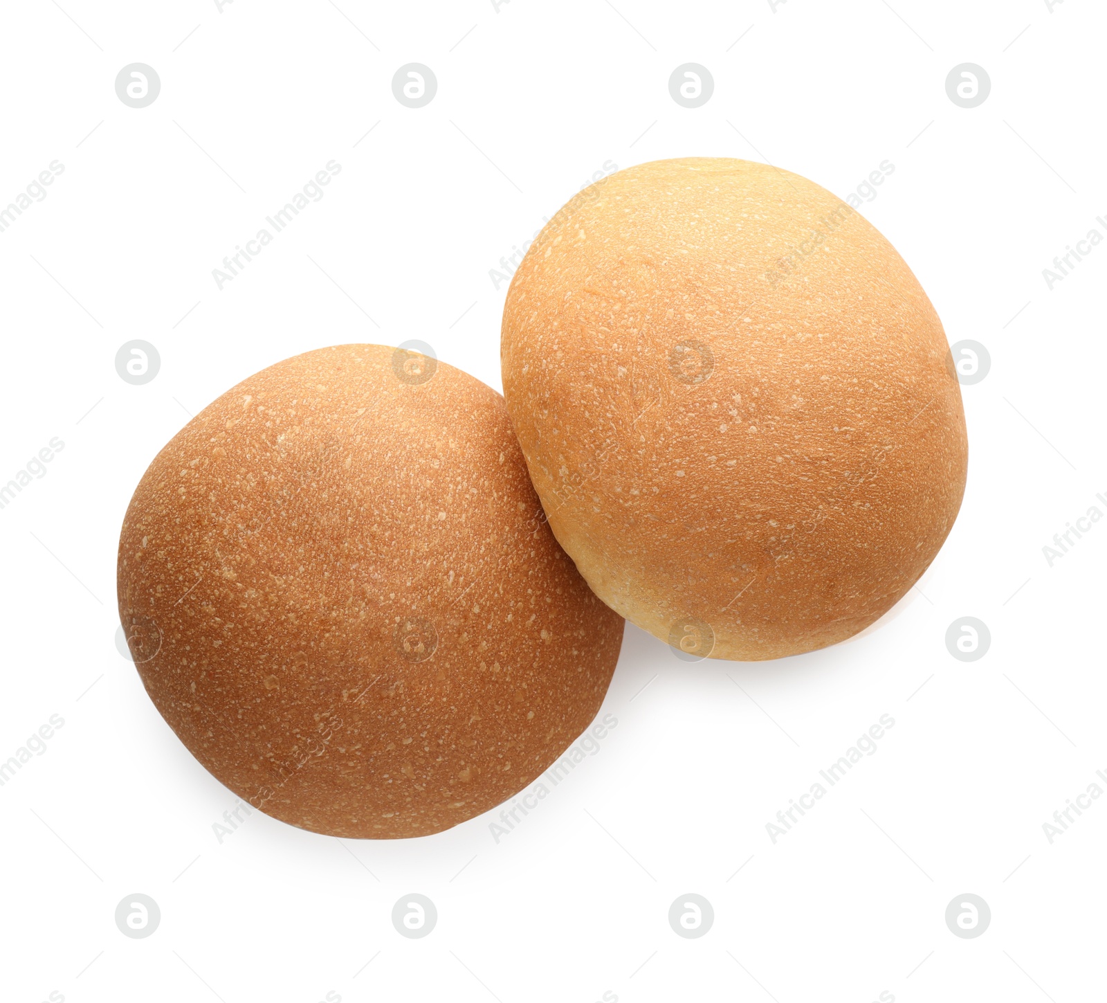 Photo of Two fresh tasty buns isolated on white, top view