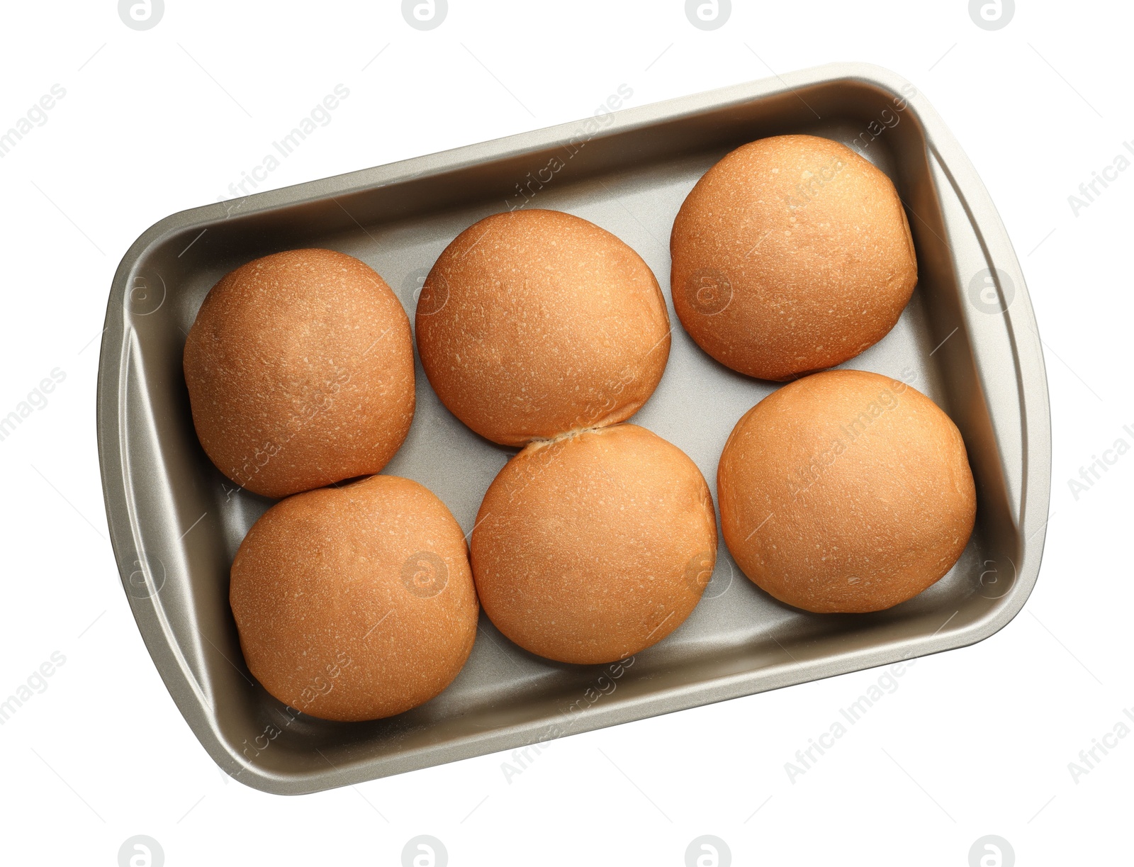 Photo of Fresh tasty buns in baking tray isolated on white, top view