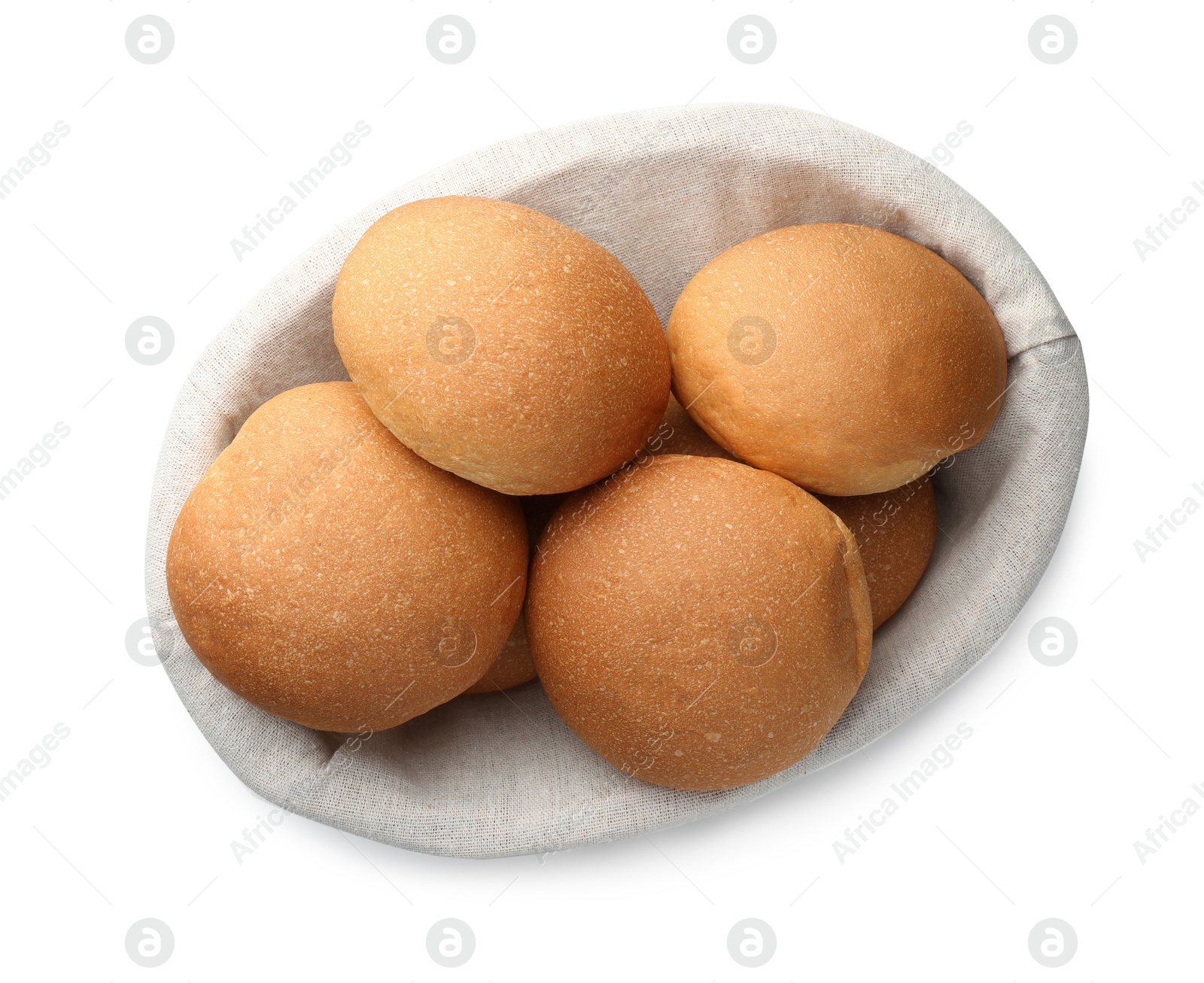 Photo of Fresh tasty buns isolated on white, top view