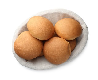 Photo of Fresh tasty buns isolated on white, top view