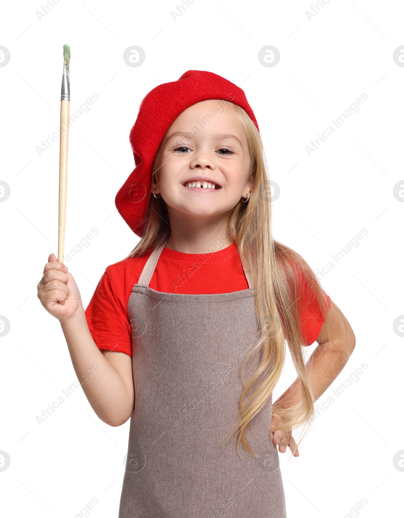 Photo of Little girl with brush pretending to be artist on white background. Dreaming of future profession