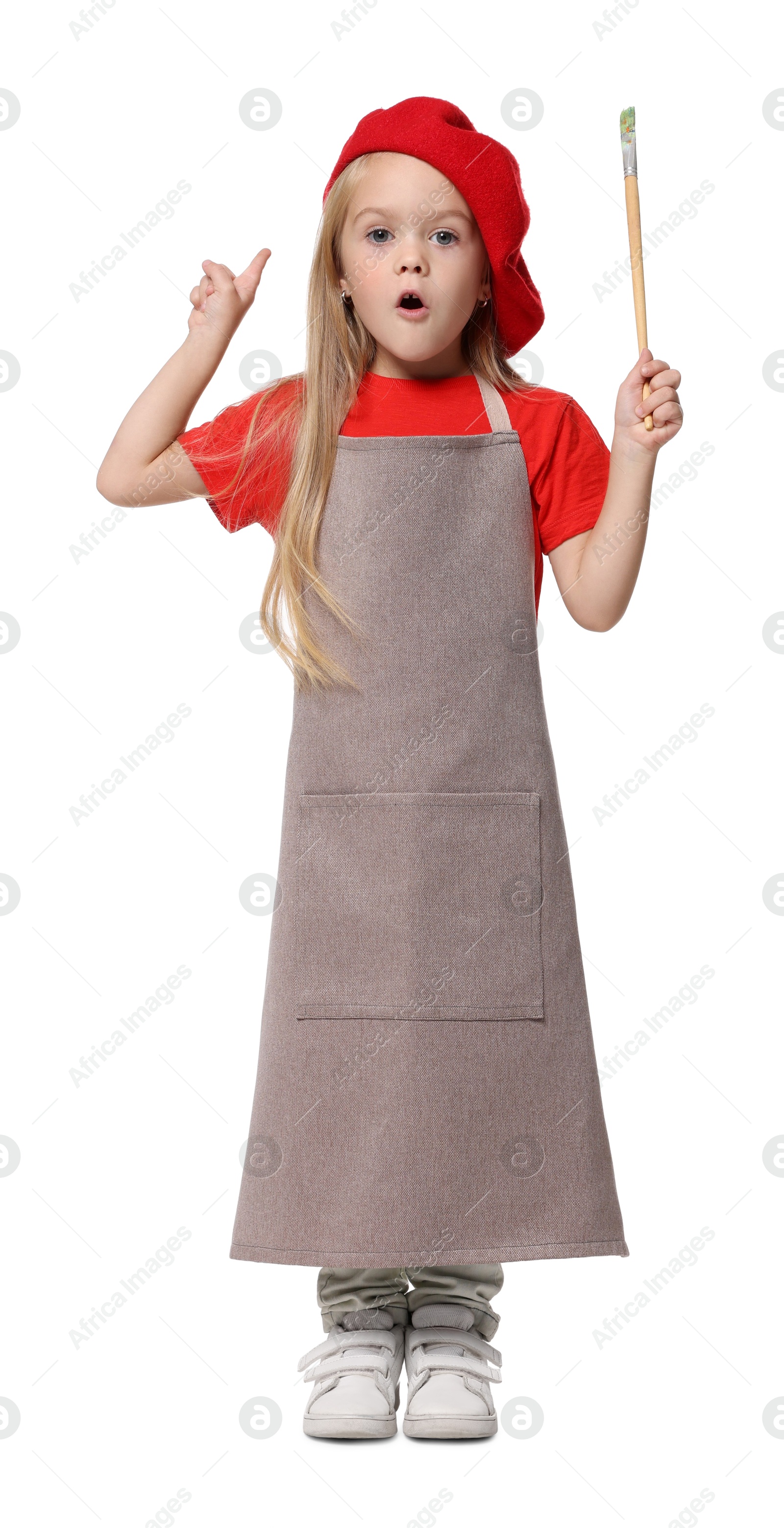 Photo of Little girl with brush pretending to be artist on white background. Dreaming of future profession