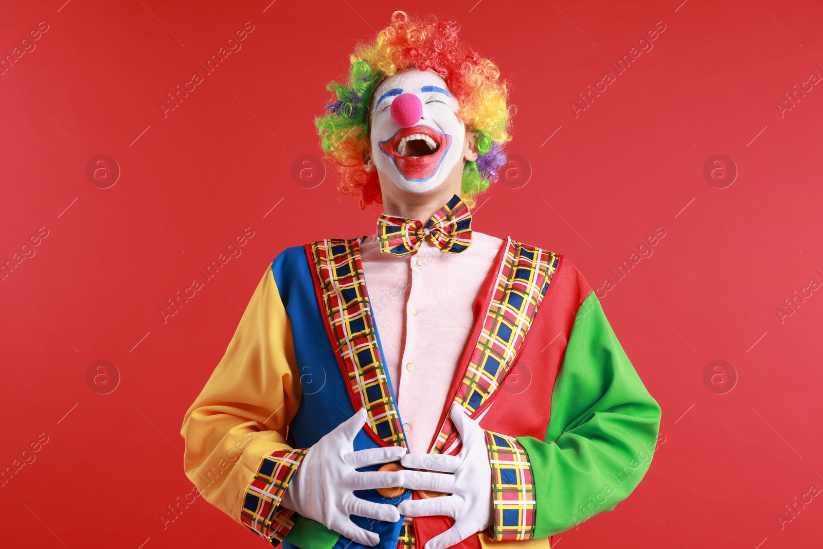 Photo of Portrait of clown laughing on red background