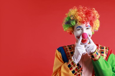 Photo of Portrait of happy clown beeping his nose on red background, space for text