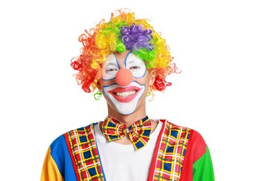 Photo of Portrait of happy clown on white background