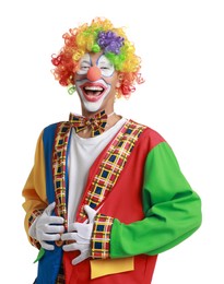 Photo of Portrait of clown laughing on white background