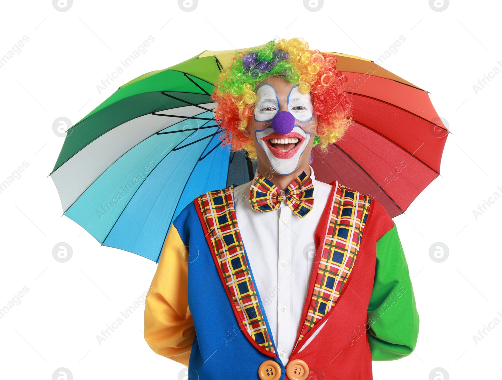 Photo of Happy clown with colorful umbrella on white background