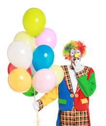 Photo of Emotional clown with colorful balloons on white background